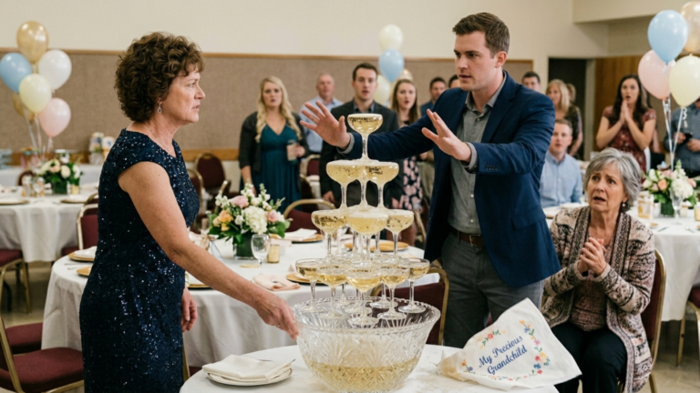 Meine Zukünftige Schwiegermutter Riss Das Babytuch, Das Meine Mutter Bestickt Hatte, Vom Tisch Und Warf Es Mitten Auf Der Babyshower In Den Champagnerturm, Weil Die Arme Brautfamilie Ihrer Meinung Nach Nichts Billiges Auf Den Tisch Der Bräutigamfamilie Legen Durfte — Doch Als Das Nasse Tuch Zu Boden Fiel Und Die Eingestickten Worte Sichtbar Wurden, Stellte Sich Mein Verlobter Sofort Vor Meine Mutter.