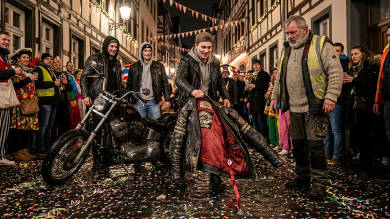 Nächster Teil – Die Jungen Biker Rissen Dem Alten Biker Beim Kölner Karneval Die Lederjacke Von Der Maschine Und Warfen Sie Auf Den Nassen Konfettiboden — Doch Als Ein Rotes Band Aus Dem Futter Glitt Erstickte Das Lachen Auf Der Ganzen Strasse