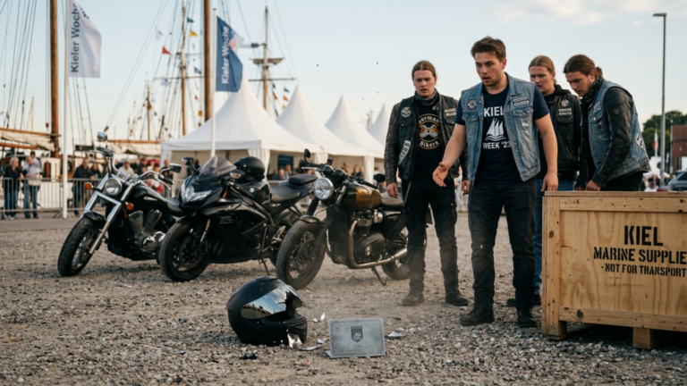 Nächster Teil – Fünf Junge Biker Rissen Bei Der Kieler Woche Den Helm Vom Sitz Seiner Maschine Und Schleuderten Ihn Dann Gegen Eine Bootskiste — Doch Als Das Visier Sprang Und Eine Dünne Graue Karte Herausfiel Stoppte Die Ganze Reihe.
