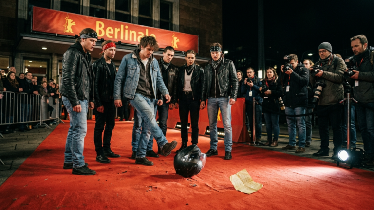Nächster Teil – Sieben Junge Biker Rissen Bei Der Berlinale Den Abgenutzten Helm Von Seinem Motorrad Und Kickten Ihn Dann Über Den Roten Teppich — Doch Als Aus Dem Futter Ein Vergilbter Zettel Rutschte Blieben Sogar Die Fotografen Still.